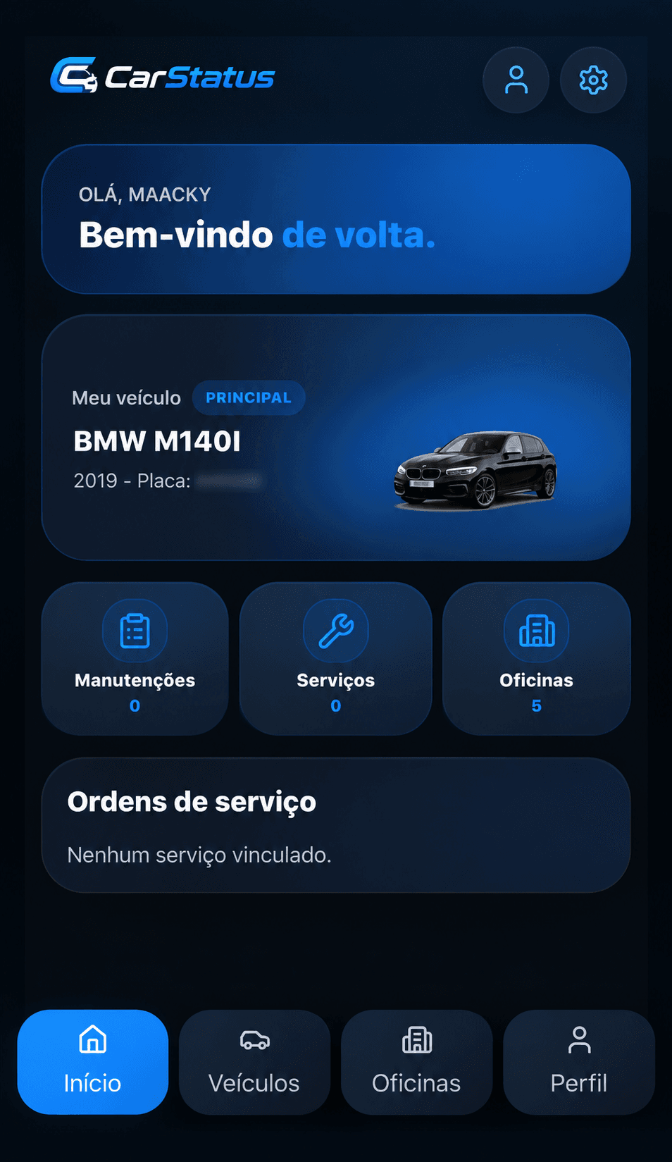 Tela inicial do CarStatus com veículo BMW M140I, atalhos de manutenções, serviços e oficinas e navegação do aplicativo